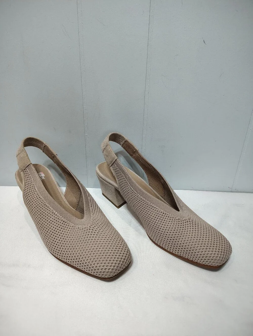 Eileen Fisher Vasa Taupe Recycled Stretch Knit Slingback Block Heels 7.5